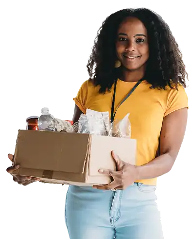 a smiley lady holding a box